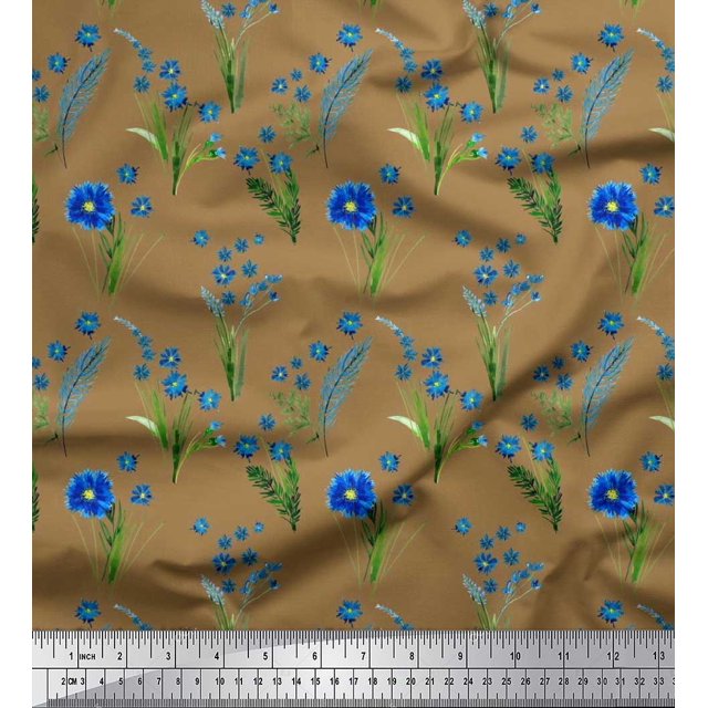 Soimoi Poly Georgette Fabric Leaves & Aster Floral Print Sewing Fabric Yard 52 Inch Wide