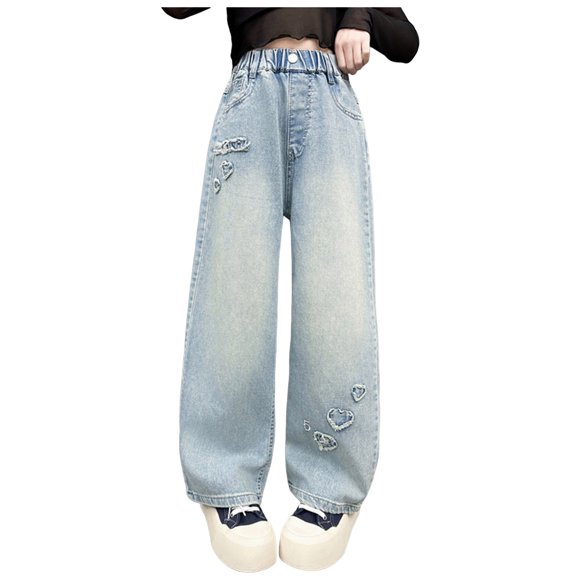 Fsqjgq Girls Jeans Wide Leg Pants Casual Denim Trousers with Pockets Baggy Jean Trousers Girl Clothes