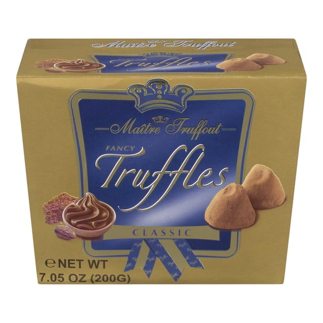 Maitre Truffout Gold Truffles Classic, 200g box of luxurious European cocoa-dusted chocolate truffles with smooth, melt-in-your-mouth texture, presented in elegant gold packaging with blue label and crown emblem, suitable for gifting or personal indulgence.