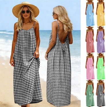 Jovati Robe d'Été de Fête d'Anniversaire pour Femmes Sans Manches Dos Nu à Bretelles Spaghetti Fluide Longue en Mélange Coton Lin Robe d'Été Décontractée