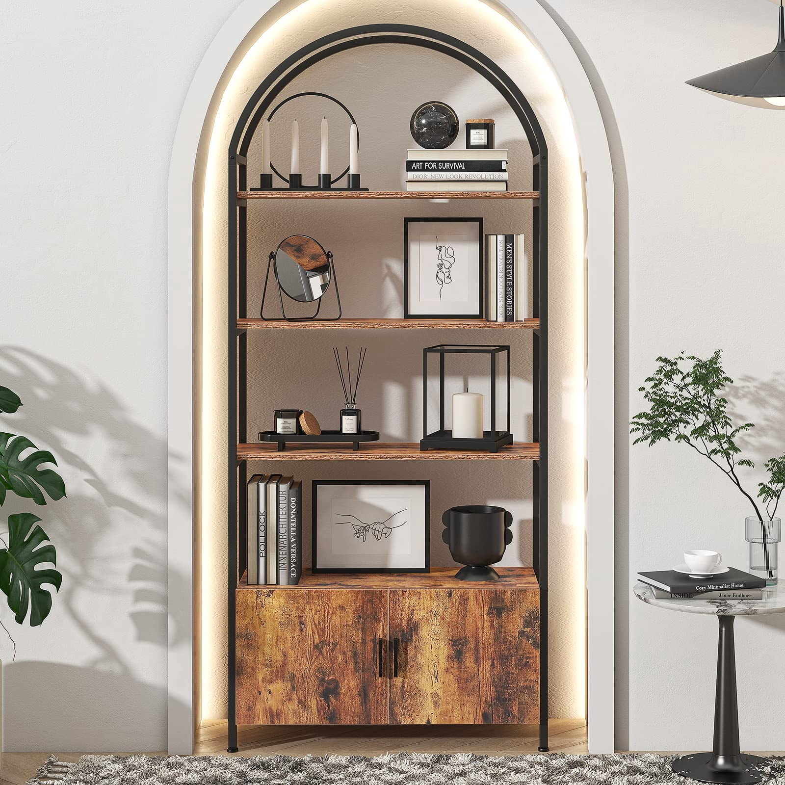 Jehiatek Arched Bookshelf, Bookcase with Doors Storage, 71 Inches Tall Industrial Book Shelf with Sturdy Metal Frame, E1 Quality Boards, Freestanding Display Shelving Unit, Rustic Brown