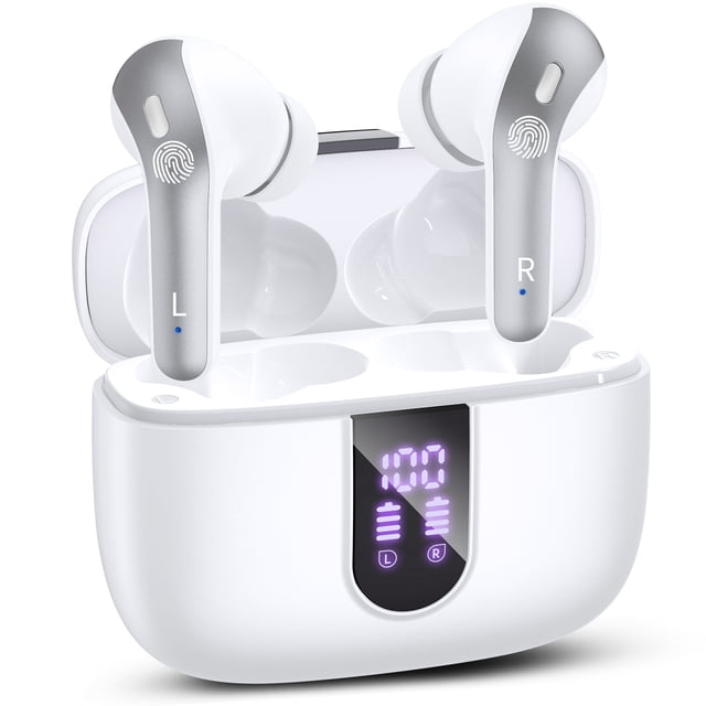VEATOOL Bluetooth Headphones with 65-hour playback, featuring a white and silver design. The image shows the earbuds placed in their wireless charging case with an LED power display indicating battery levels. These IPX7 waterproof earphones are designed for workouts and come with a secure, comfortable fit. The case supports wireless and Type-C charging, providing up to 30 hours of additional battery life.