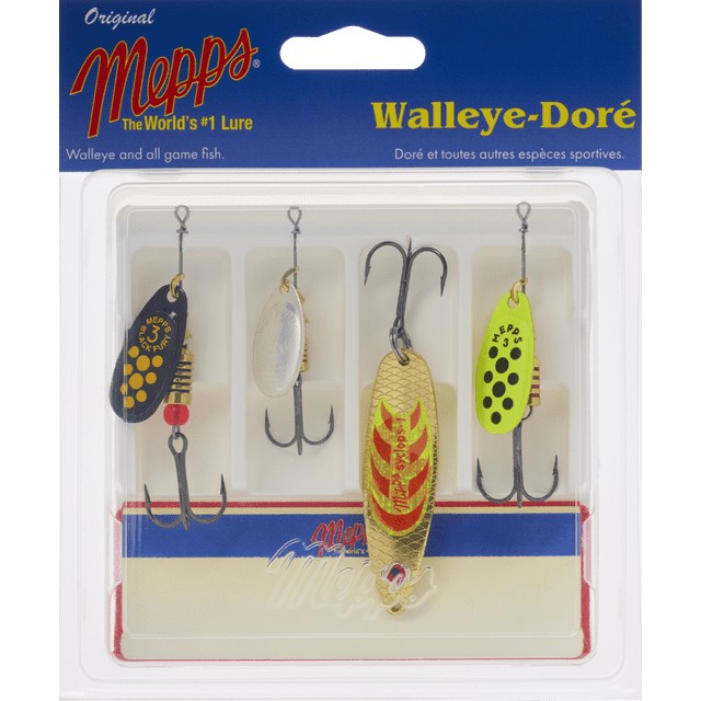 Mepps 4-K5-ASST 4-Pack Walleye Kit Assorted front-facing view of four metal lures laid side by side; assortment includes two spinners and two spoons in assorted sizes and colors with brass and chrome blades and single hooks. Designed for walleye fishing and for trolling or casting, the spinners start spinning on contact and adapt rotation to retrieve speed; often used as a compact travel tackle pack.