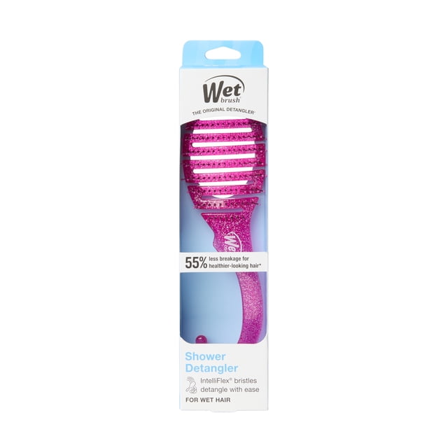 Wetbrush Shower Detangler Pink Glitter in retail packaging, showing a pink glitter vented brush with IntelliFlex bristles designed to gently detangle wet hair, featuring a curved handle with a shower hook for easy hanging and air drying to reduce breakage.