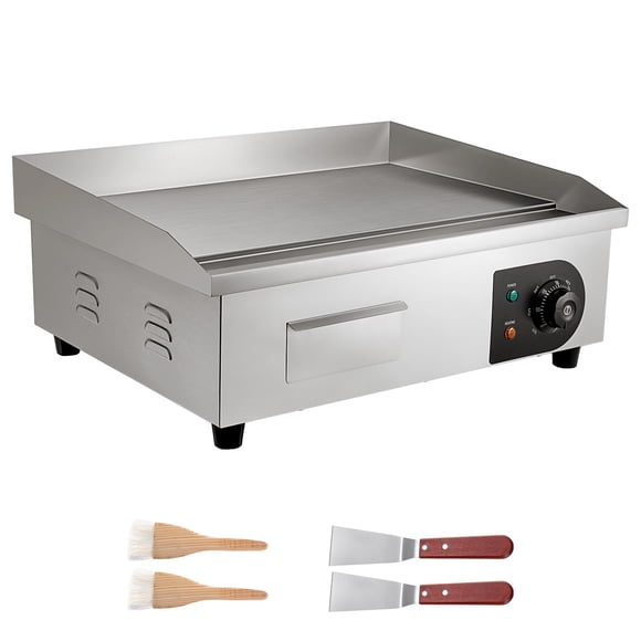 KFFKFF Commercial Electric Griddle, 21 x 11.8 inch, 1750W, 122-570°F Adjustable Temp Control, Stainless Steel Countertop Flat Top Grill with 2 Spatulas, 2 Brushes and 4 Foot Pads