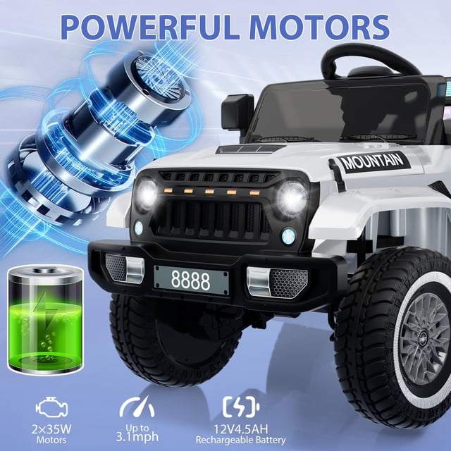 BeesClover 12V Kids Ride On Truck Car, a battery-powered electric vehicle designed for children aged 1-8. The white ride-on toy features a rugged design with LED headlights, a realistic grille, and large black tires. It includes two 35W motors, a 12V rechargeable battery, and offers speeds up to 3.1 mph. The car has dual driving modes: a remote control for parents and manual operation for kids. Additional features include a safety belt, spring suspensions, music, MP3 compatibility, and Bluetooth connectivity. Suitable for outdoor play, it supports a maximum weight of 66 lbs.