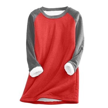 LMKIHUSA Women Fleece Sweatshirt Raglan Long Sleeve Crew Neck Pullover Tops Sherpa Casual Trendy Winter Warm Loungewear 2025 Red,S
