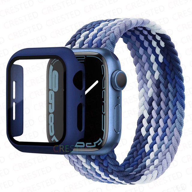 ALMNVO Apple Watch Band 41mm Screen Protector Case Braided Solo Loop Strap with Protective Case, Stretchy Wristband Elastic Nylon Strap Bracelet for iWatch Series 7,Blueberry