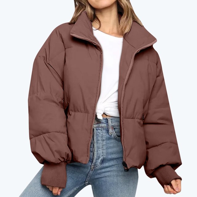 IROINID Manteau d'Hiver Chaud pour Femmes, Col Montant, Fermeture Éclair, Manches Longues, Café