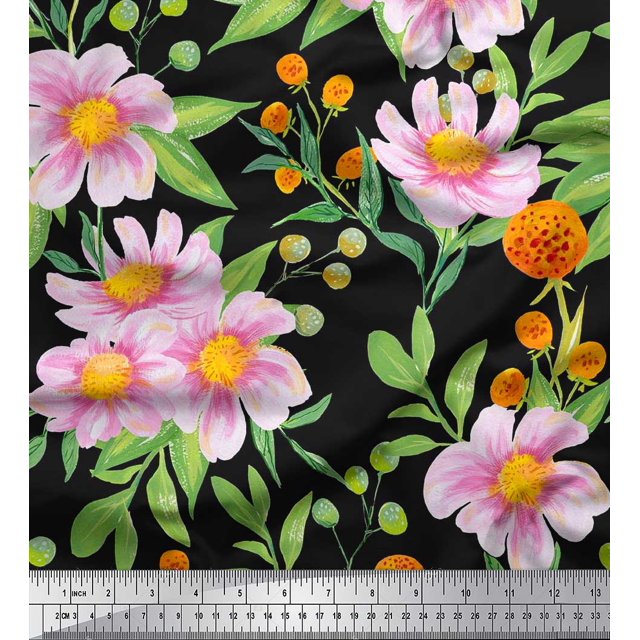 Soimoi Moss Georgette Fabric Leaves & Wild Flower Fabric Prints By Yard 42 Inch Wide