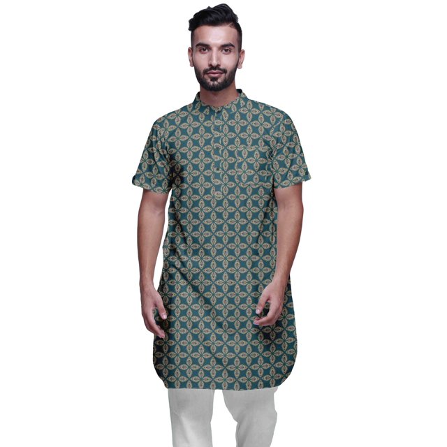 Atasi Kurta Imprimée pour Hommes Col Mandarin Coton Cambric Chemise Kurta Décontractée