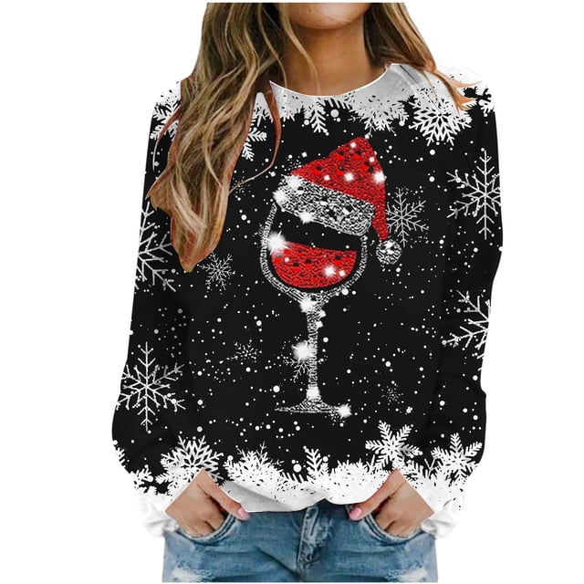 Besolor Chandail à Col Rond de Noël pour Femmes, Imprimé de Verre de Vin, Manches Longues, Chandails Mode, Hauts Graphiques Flocon de Neige