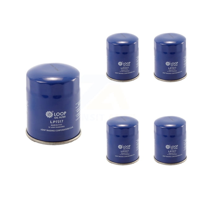 LOOP Engine Oil Filter (5 Pack) designed for vehicles such as Honda Civic, CR-V, Subaru, Acura, Mitsubishi, Accord, Nissan, Odyssey, Crosstrek, Forester, Outback, Pilot, HR-V, RDX, Fit, MDX, Impreza, Outlander, RVR, Lancer, TL, and TLX. The image shows five blue canister oil filters with 'LOOP Oil Filter LP7317' branding. These filters feature pressure-relief valves to prevent contaminated oil circulation and ensure oil flow under extreme conditions. Steel cases are fluted for easy removal and painted to resist rust. Suitable for specific vehicle models; refer to part number KLO-100086 for compatibility.