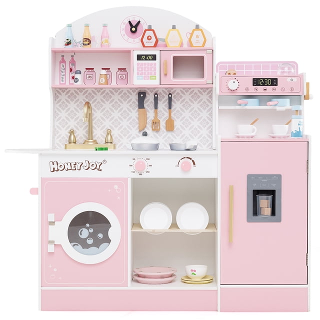 Honeyjoy Kids Kitchen Set Wooden Kitchen Playset with Clock, Microwave, Sink, Dish Rack Pink
