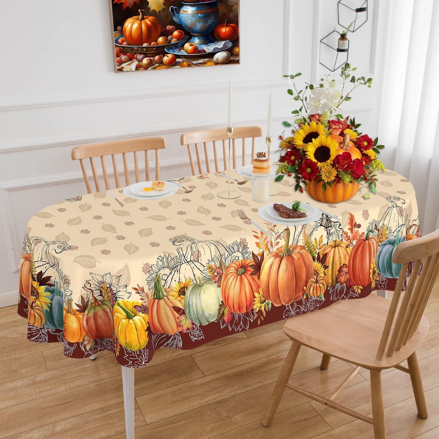 Fall Tablecloth Oval 52 x 70 Inch, Oval Fall Tablecloth, Autumn Pumpkin Thanksgiving Tablecloth Oval, Fall Oval Table Cover