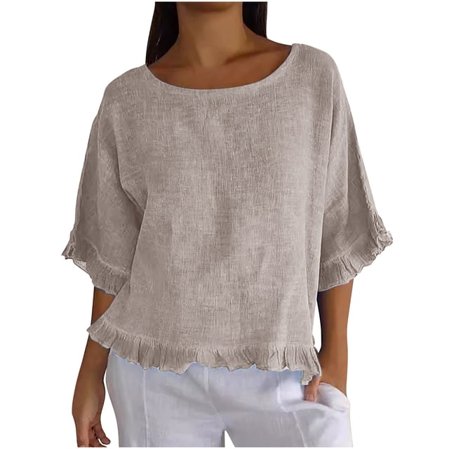Plebaso Women's Cotton Linen T-Shirts Ruffle Sleeve Crew Neck Tee Shirts Solid Color Lightweight Tees Tops