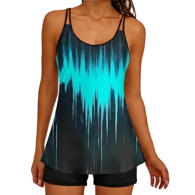 FAVIPT Women's Modest Tankini with Shorts 2 Piece Tummy Control Swimwear Padded Adjustable Strap Swim Top Black,L
