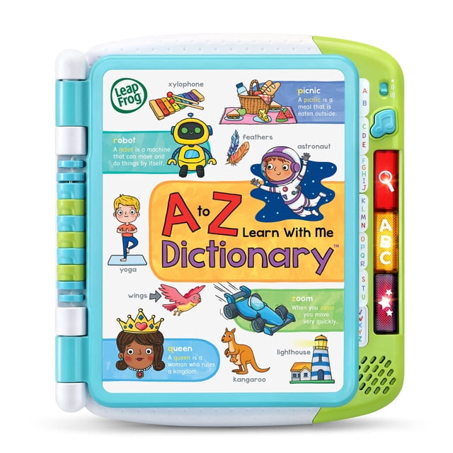 LeapFrog A to Z Learn with Me Dictionary, an interactive educational toy for kids aged 3 and up. Features a colourful design with a touch-sensitive interface displaying illustrations and words from A to Z. Includes Explore mode to hear over 200 words and definitions, Letter mode for phonics skills, and Game mode for letter and word hunts. Equipped with a music note button for learning songs. Requires 2 AA batteries, included for demo purposes.