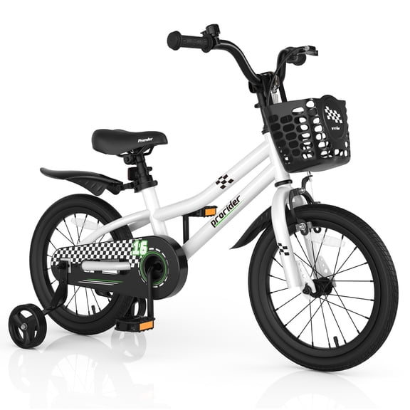 Costway 16" Kid's Bike with Removable Training Wheels & Basket for 4-7 Years Old White