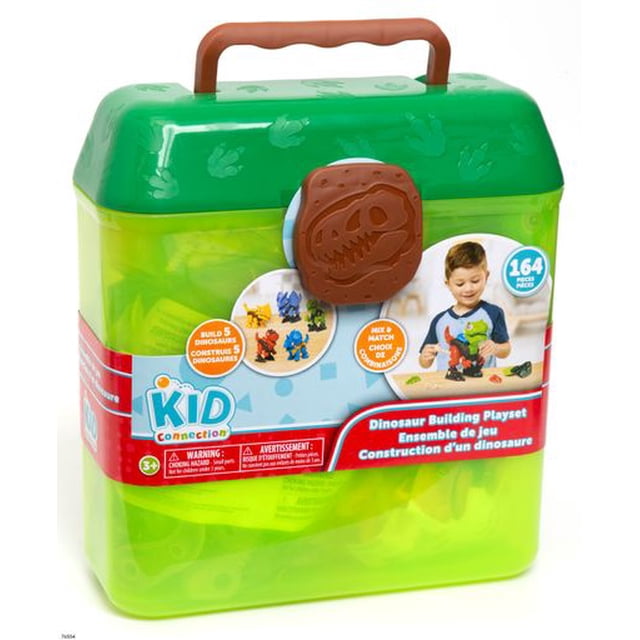 Ensemble de Construction DINO en Plastique Vert et Jaune avec Étui de Transport et Loquet Brun en Forme de Crâne de Dinosaure, Contenant 164 Pcs pour Construire et Mélanger des Figurines de Dinosaures, Marque Kid Connection, Convient aux Enfants de 5 Ans et Plus.