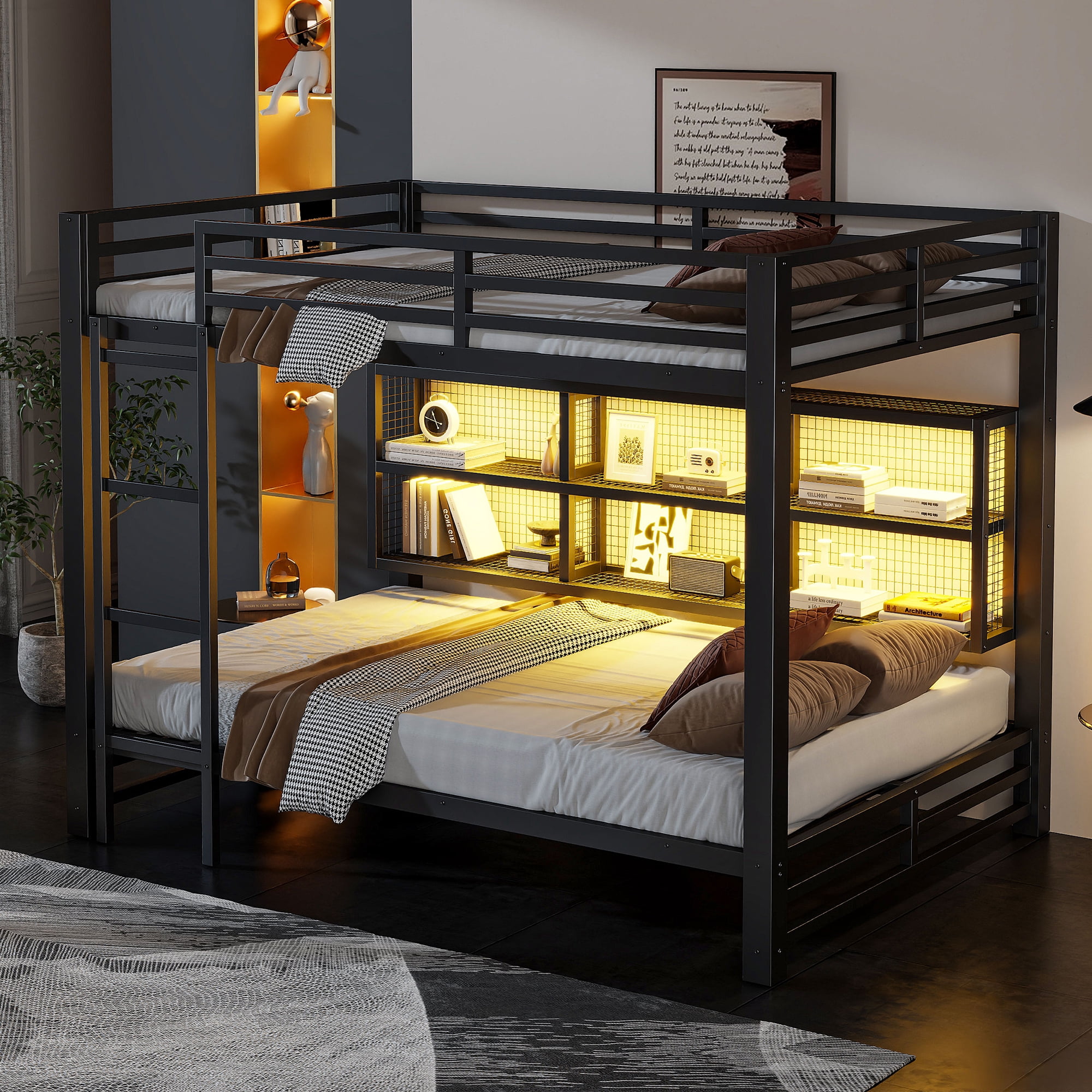 Noble House Metal Queen over Queen Bunk Bed with Storage Cabinets and LED, Black