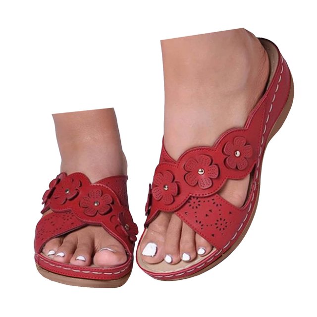Womens Wedge Dress Slip on Sandals Beach Bohemian Summer Flower Leather Open Toe Mid Heel Slides Slippers