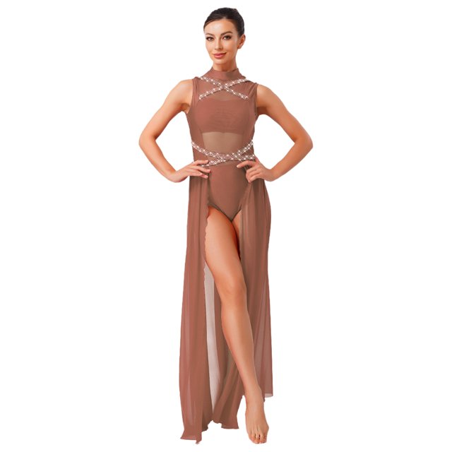 renvena Costumes de Danse Lyrique pour Femmes Sans Manches à Col Roulé Dos Nu Robe Maxi en Maille Tulle Café L