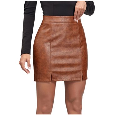 FAIWAD Leather Skort for Women High Waisted Pull On Slim Skirt Solid Color Split Hem A-Line Hip Wrap Skirt