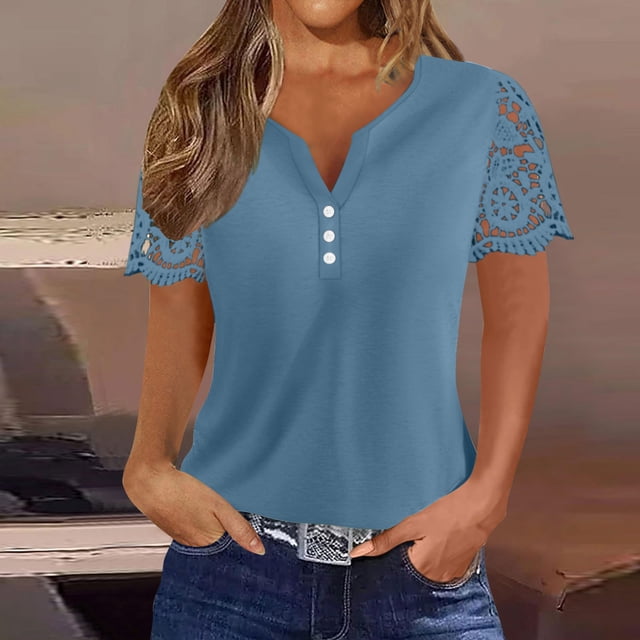 AherBiu Womens Tops V Neck Lace Short Sleeve T Shirts Summer Causal Button Dressy Comfy Solid Color Tees