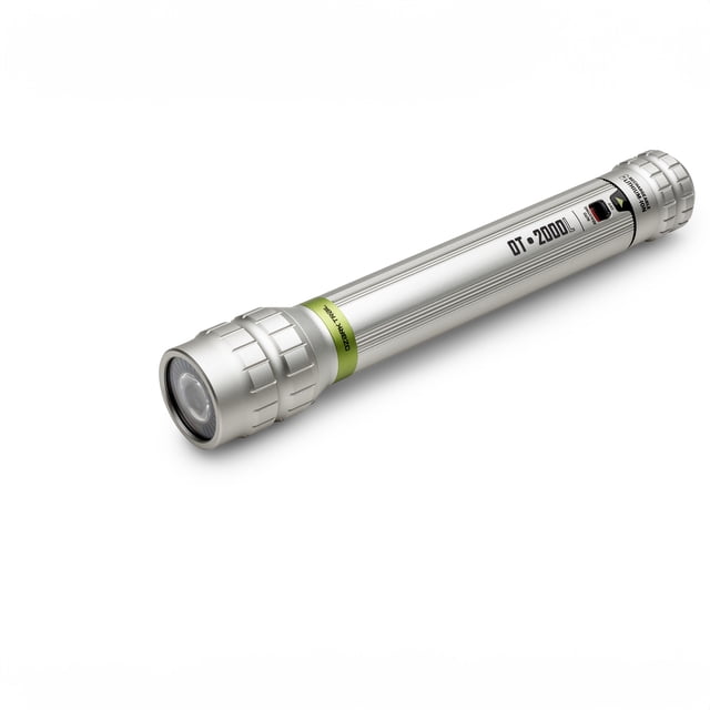 Ozark Trail 2000 Lumen Auto-Dimming LED Rechargeable Flashlight shown at a 3/4 angle with a silver aerospace-grade aluminum cylindrical body, textured grip ends, green accent ring, power switch, and model number DT-2000L. This water-resistant emergency flashlight offers long-lasting rechargeable LED lighting ideal for outdoor and preparedness use.