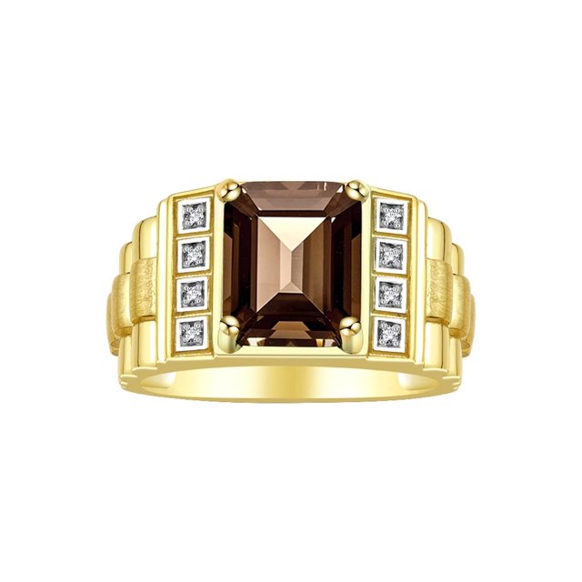 RYLOS Men's Rings 14K Yellow Gold Designer Style 10X8MM Emerald Cut Shape Gemstone & Diamonds Smoky Quartz June Birthstone Rings For Men Size 12
