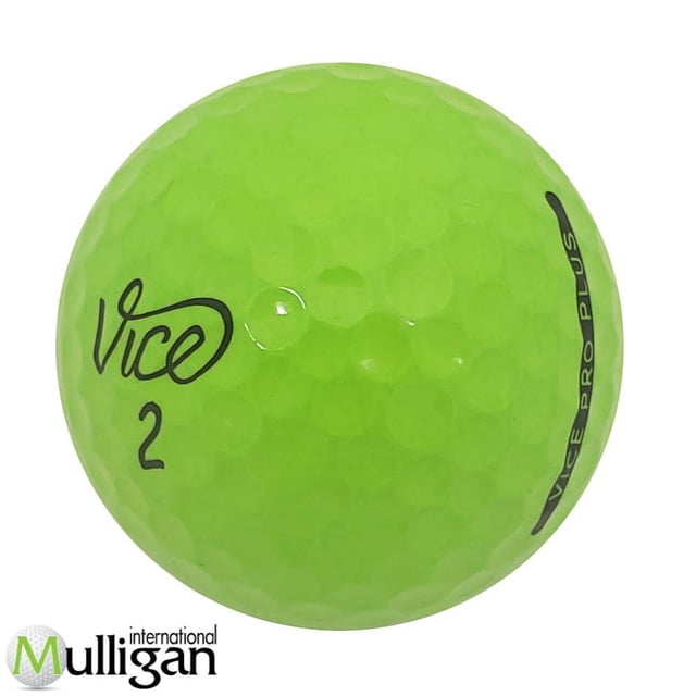 Mulligan - 48 Vice Pro Mix 4A Recycled Used Golf Balls, Color bright green dimpled golf ball with black 'Vice' logo and number 2, labeled Vice Pro Plus, eco-friendly recycled ball suitable for advanced players and often used for practice rounds.