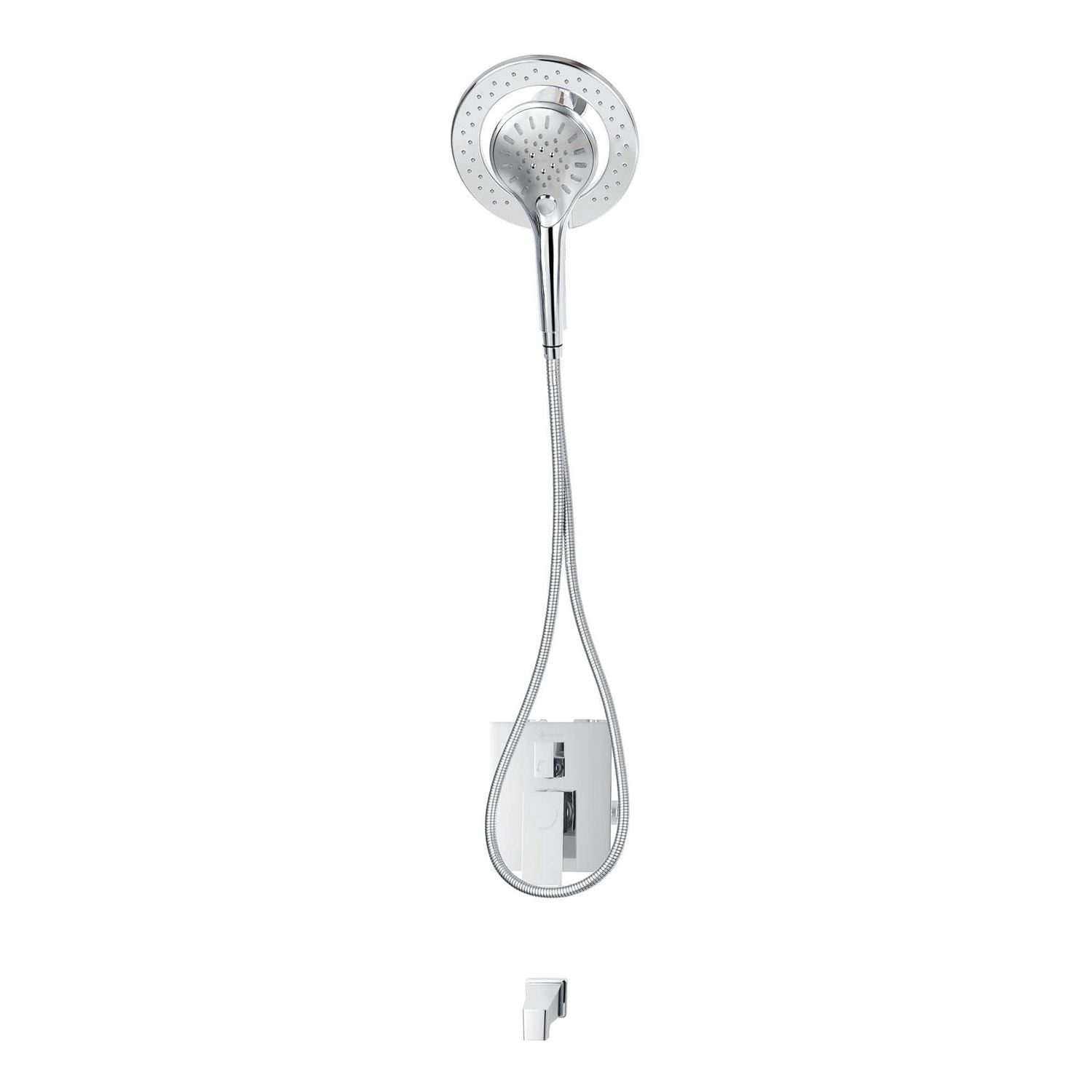 Robinet de bain-douche à pression équilibrée avec inverseur 3 voie carré akuaplus(MD), douche à main aimantée 3 réglages avec pommeau et bec de bain fini chrome