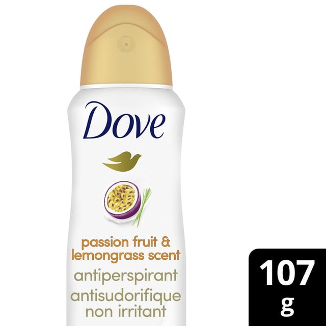 Dove Passion Fruit & Lemongrass Dry Spray Antiperspirant in a white bottle with beige cap, featuring passion fruit and lemongrass graphics, offering 48-hour sweat and odor protection with a gentle, non-irritating formula for women’s deodorant, weighing 107 g.