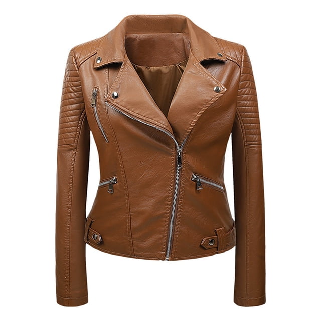 XZNGL Womens Leather Standing Collar Slim Fitting Motorcycle Jacket Leather Jacket