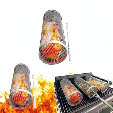 SHIHUALQ Rolling BBQ Basket Portable BBQ NMS Stainless Steel Mesh BBQ Tub Greatest BBQ Basket ever Outdoor Camping BBQ Vegetables French Fries,With fork