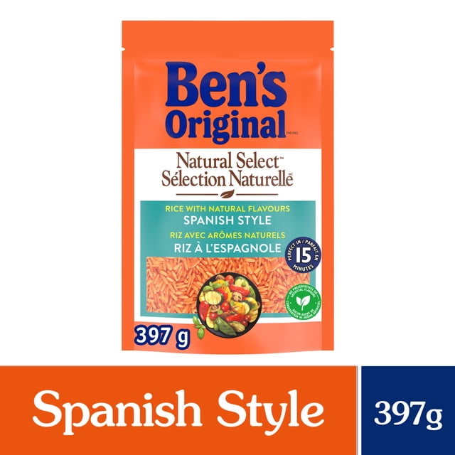 BEN'S ORIGINAL NATURAL SELECT Spanish Style Rice 397g pouch containing long grain parboiled rice infused with natural spices and seasonings, packaged in an orange resealable bag with bilingual English and French text, highlighting a 15-minute cooking time and no artificial preservatives for easy, flavorful meals.