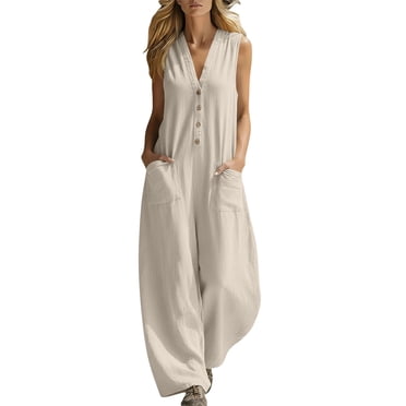 HomeGardon Combinaisons d'Été pour Femmes en Coton et Lin à Boutons, Col en V, Sans Manches, Jambes Larges, Salopettes avec Poches, Décontractées, Amples, Couleur Unie