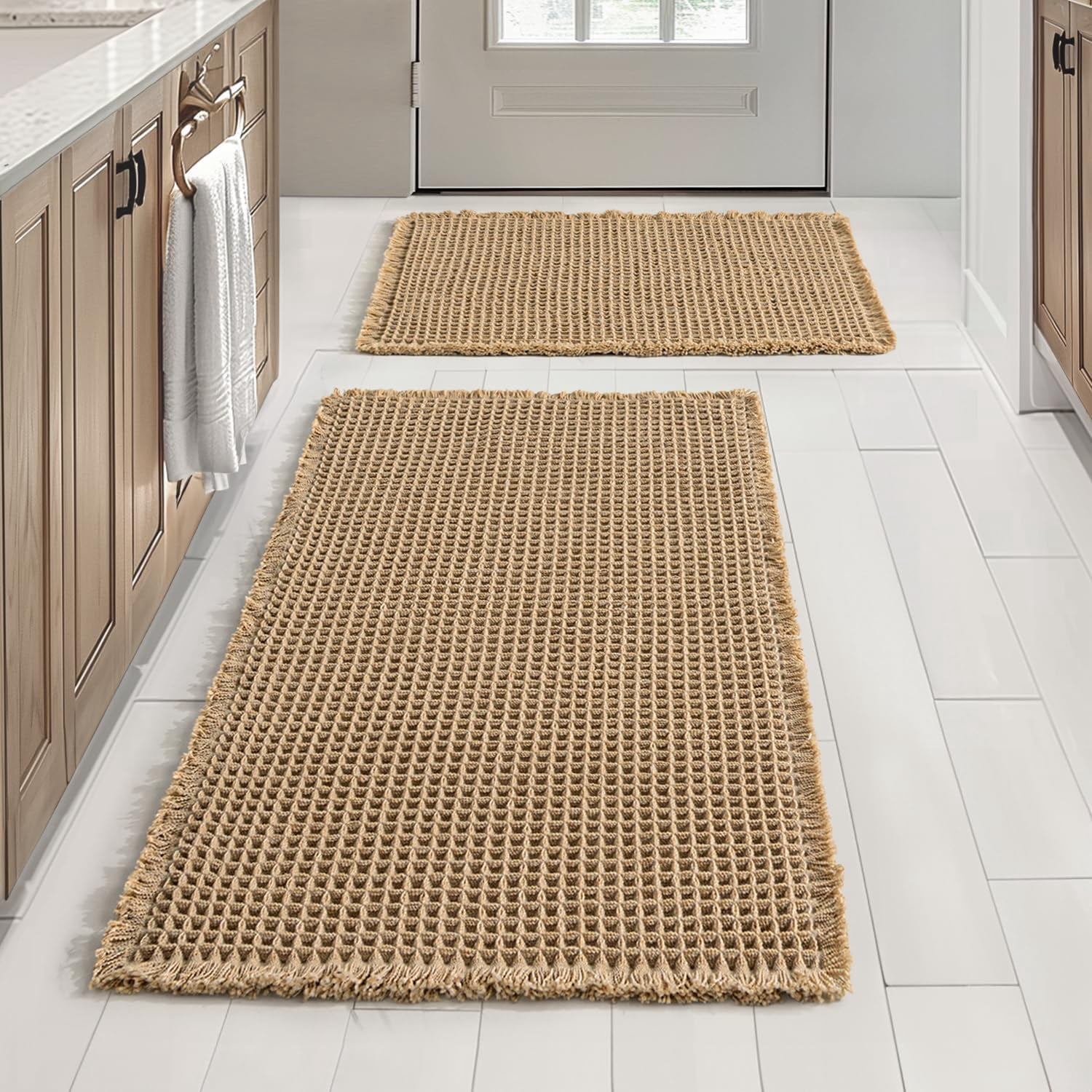 Set of 2 Waffle Bathroom Rugs, Boho Bath Rugs Non Slip Washable, Super Absorbent Bath Mats, Ultra Soft Rubber Backed Shower Mats for Bathroom Floor, Tub and Shower, Brown, 17"x24"+18"x30"