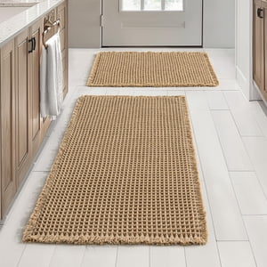 Set of 2 Waffle Bathroom Rugs, Boho Bath Rugs Non Slip Washable, Super Absorbent Bath Mats, Ultra Soft Rubber Backed Shower Mats for Bathroom Floor, Tub and Shower, Brown, 17"x24"+18"x30"