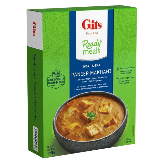 Gits Heat and Eat Paneer Makhani, 285 g, Boîte de Repas Prêts Montrant du Fromage cottage Indien Cuit dans une Sauce Tomate Crémeuse, 100 % Végétarien Sans Agents de Conservation, Présentant un Bol de Paneer Makhani Garni de Coriandre sur un Emballage Vert et Bleu, Idéal pour des Repas Indiens Traditionnels Rapides.
