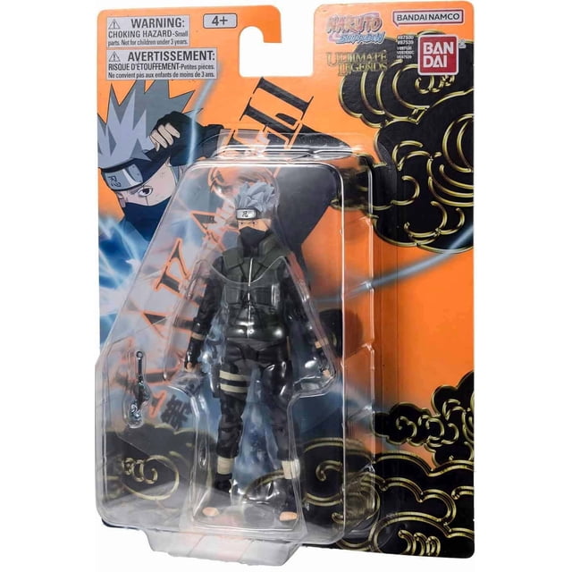 Naruto Shippuden 5 Inch Action Figure Ultimate Legends - Kakashi Hatake (Fourth Great Ninja War) by Bandai. This detailed action figure stands approximately 5 inches tall and features 27 points of articulation for dynamic posing. The figure depicts Kakashi Hatake in his Fourth Great Ninja War attire, with intricate details true to the anime series. Packaged in a vibrant orange and black display box with branding and safety warnings.