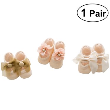 1 Paire de Chaussettes de Coton Motif Aléatoire pour Fille Nouveau-Né Nouveau-Né Anti Glissement Dentelle Fleur Noeud Papillon Chaussettes de Sol Fête d'Anniversaire Chaussette Taille M (Orange Clair)
