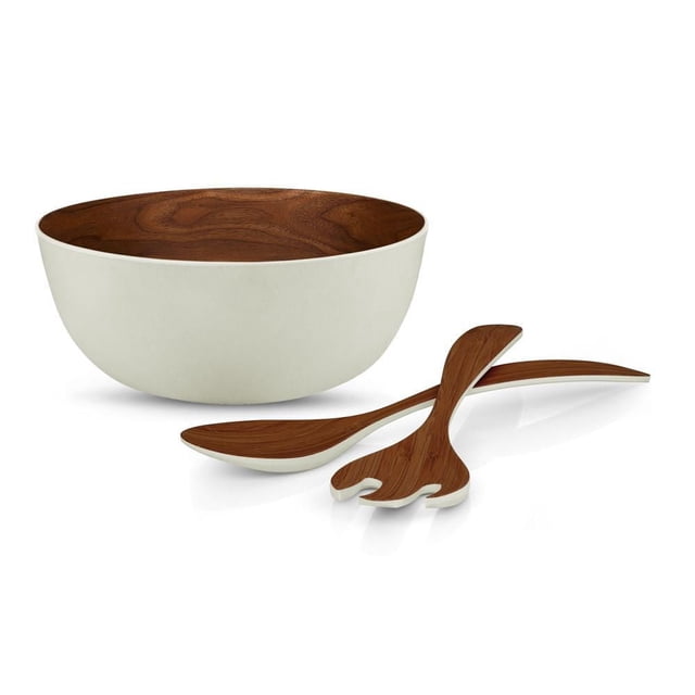Bamboo Walnut 3 Piece Salad Set with a round bowl featuring a white exterior and walnut wood interior, paired with two bamboo salad servers shaped as a spoon and fork, made from food-safe, durable bamboo fibre suitable for kitchen utensils and salad tools.