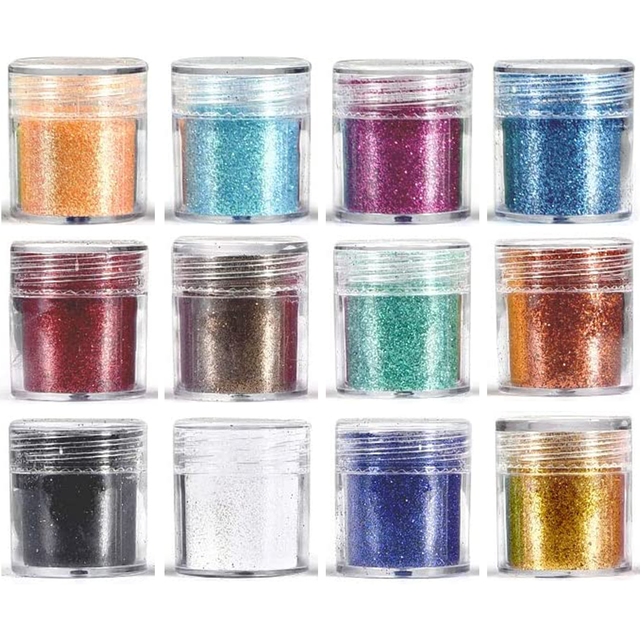 Resin Glitter Shake Jar - Fine Glitter Assorted Set with 12 clear jars containing extra fine multicolor glitter particles. Vibrant colors include gold, blue, pink, red, green, and silver, perfect for scrapbooking, paper crafts, nail art, and makeup decoration. Compact jars measure approximately 2.5 x 2.9 cm, with glitter sizes ranging from 1 mm to 3 mm.