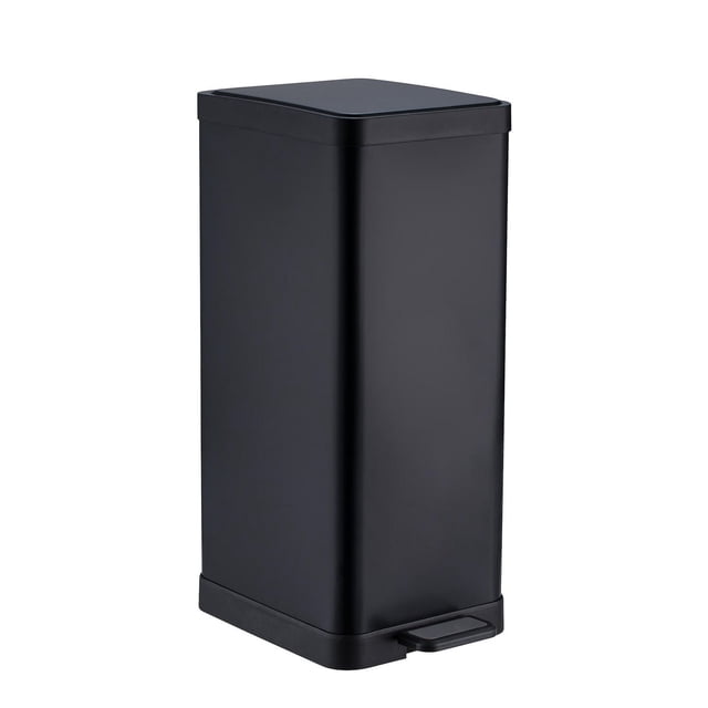 Hometrends 30 Litre Garbage Pedal Bin in black with a tall rectangular shape, soft close lid, and foot pedal for hands-free opening, featuring a removable inner bin with handle for easy trash removal, suitable for kitchen waste storage and organization.