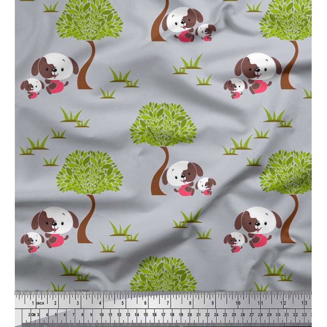 Soimoi Polyester Crepe Fabric Tree & Dog Kids Print Fabric by The Yard 52 Inch Wide