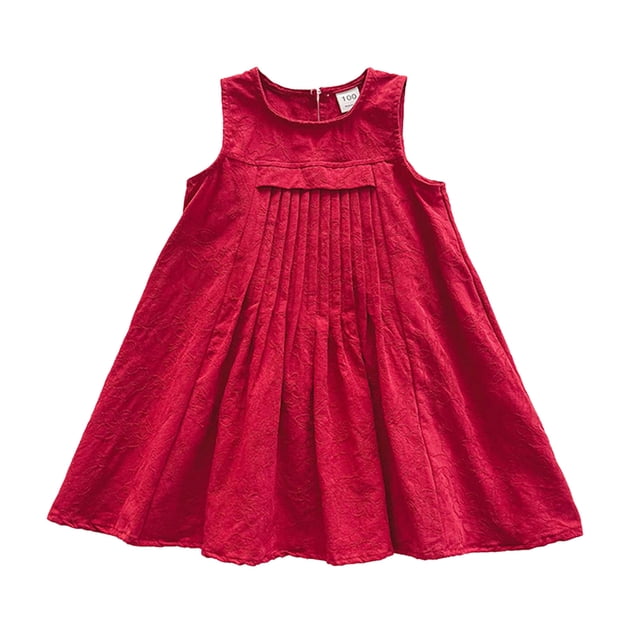 LUOGENLI Robe Fille Été Sans Manches Couleur Unie Robe Décontractée pour Tout-Petits et Enfants Ensemble Jupe Maxi à Volants Rouge 2-3 Ans