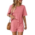 thumbnail image 5 of Tumotour Pajamas Set for Women 2 Piece PJ Sets Round Neck Short Sleeve with Elastic Waist Shorts Solid Color Striped Loungewear for Summer Sleepwear Causal Home Clothes Sleep Nightwear Outfits, 5 of 5