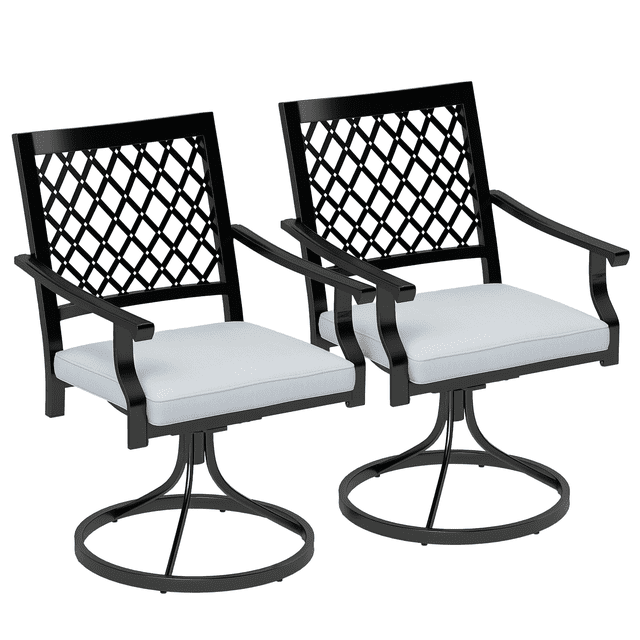 Outsunny Ensemble de 2 Chaises de Patio, Chaise Pivotante d'Extérieur avec Accoudoirs. Ces Chaises Dotées d'Un Cadre en Métal Noir avec une Finition Enduite de Poudre, d'Un Dossier Respirant en Tissage Panier et de Coussins en Mousse Gris Résistants aux Éclaboussures avec Housses Amovibles. la base Pivotante Ronde Permet une rotation à 360 Degrés, et l'Assise Élastique Offre un Mouvement de Balancement Doux. Chaque Chaise Mesure 23 Pouces de Large, 25,6 Pouces de Profondeur et 34,6 Pouces de Hauteur, avec une Capacité de Charge de 265 Lb. Convient à une Utilisation Extérieure et Nécessite un Assemblage